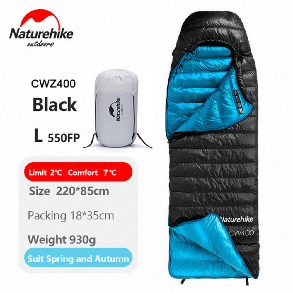 Спальник с натуральным пухом Naturehike CW400 NH18C400-D, размер L, черно-голубой