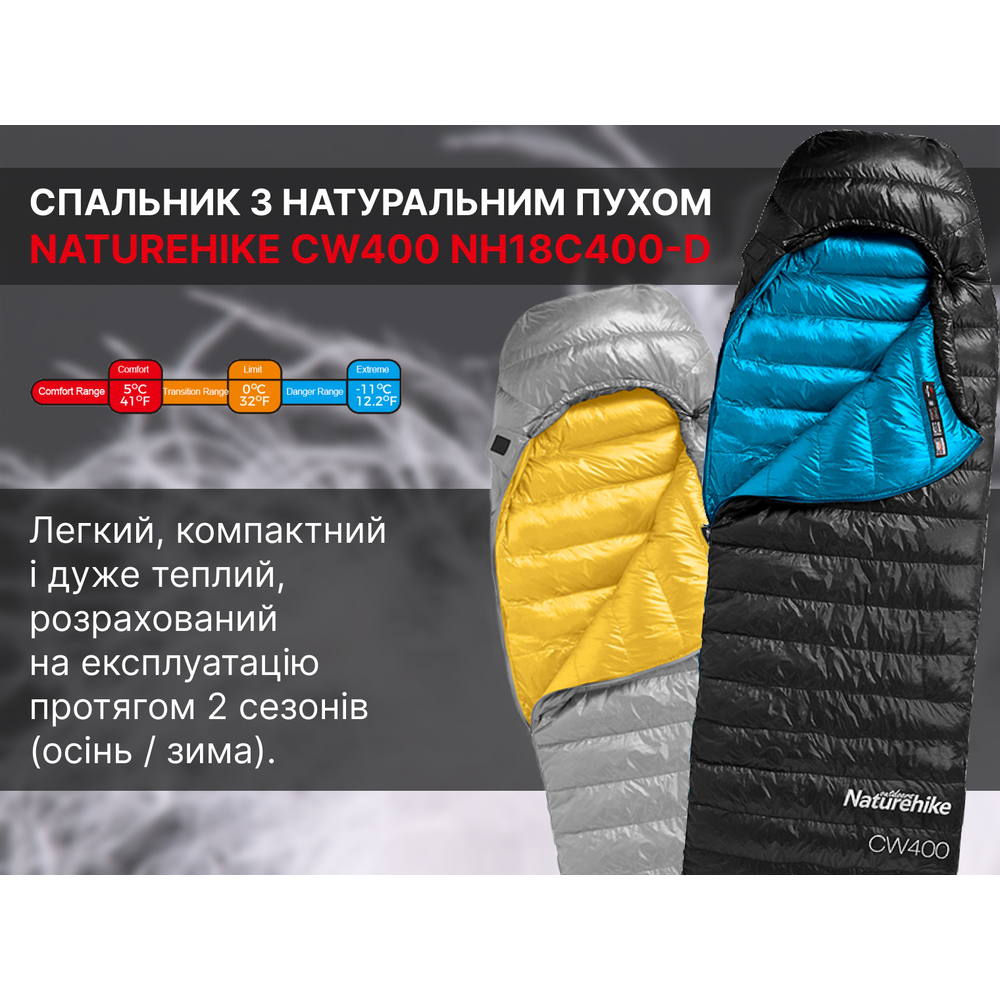 Спальник с натуральным пухом Naturehike CW400 NH18C400-D, размер L, черно-голубой