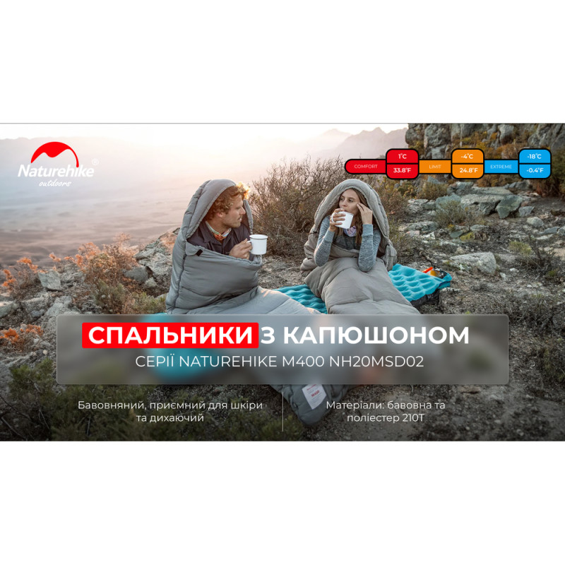 Спальник з капюшоном Naturehike M400 NH20MSD02, (1°C), правий, сірий