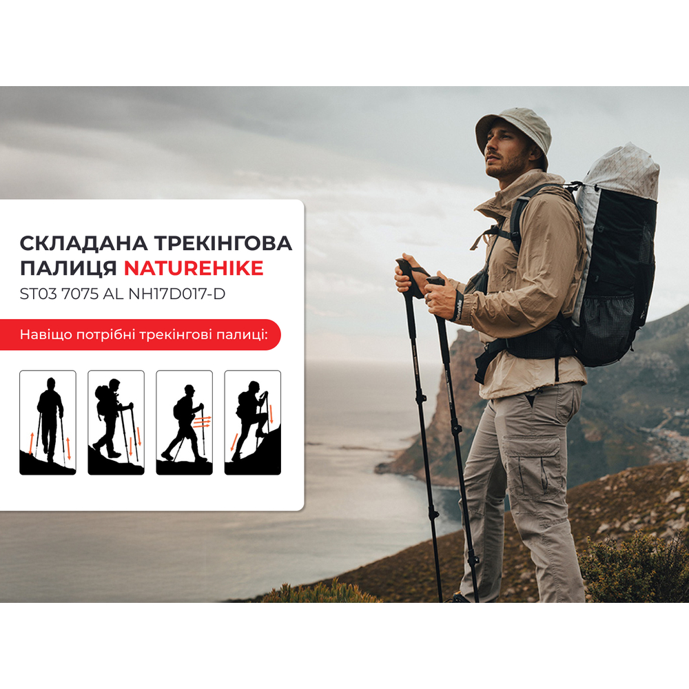 Треккинговая палка 3-сек. Naturehike ST 03 7075 AL NH17D017-D, серый