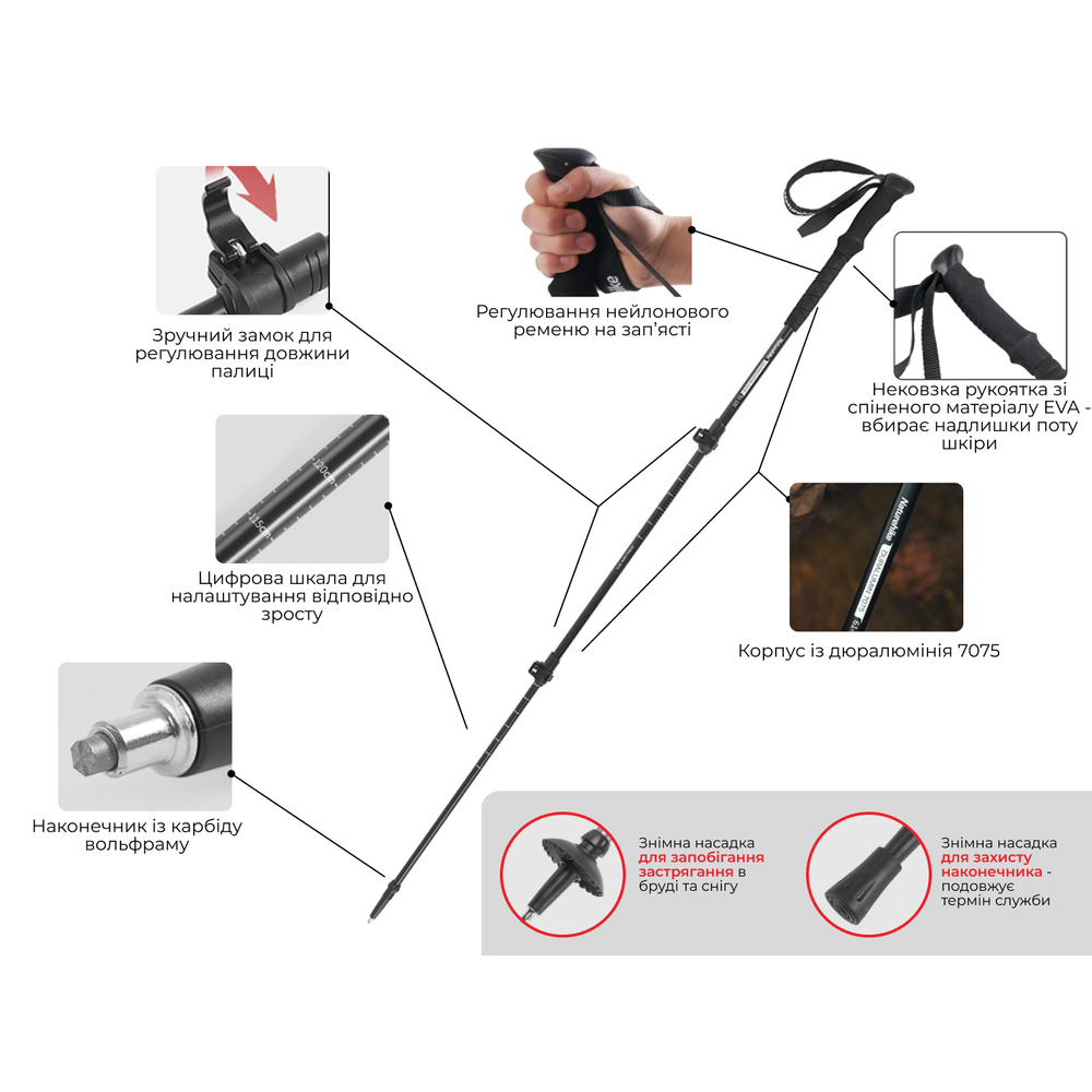 Треккинговая палка 3-сек. Naturehike ST 03 7075 AL NH17D017-D, серый