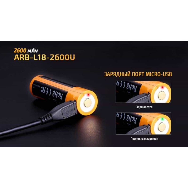 Аккумулятор 18650 Fenix (2600 mAh) micro usb зарядка