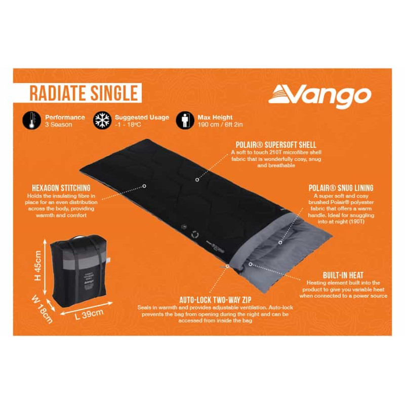 Спальный мешок с подогревом Vango Radiate Single/-3°C Black Left (SBQRADIATB05TJ8)