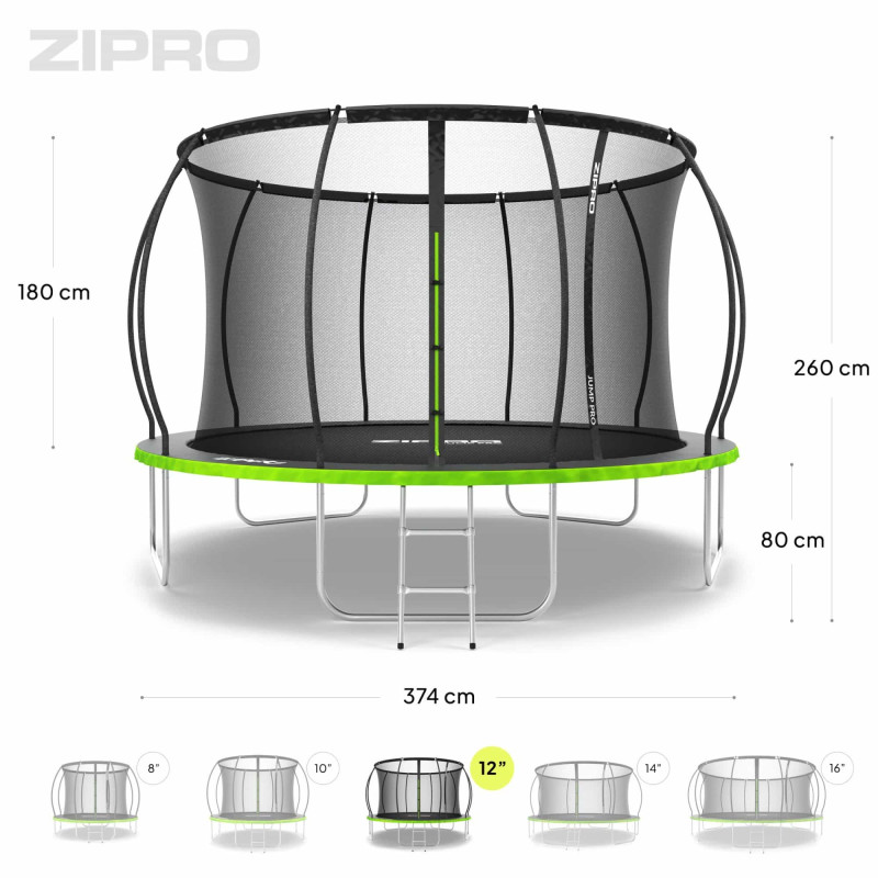 Батут Zipro Jump Pro Premium 374 см с внутренней сеткой и лестницей