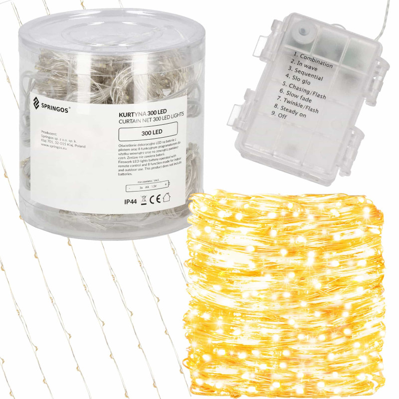 Гирлянда водопад (штора) на батарейках Springos 3 x 3 м 300 LED CL0183 Warm White