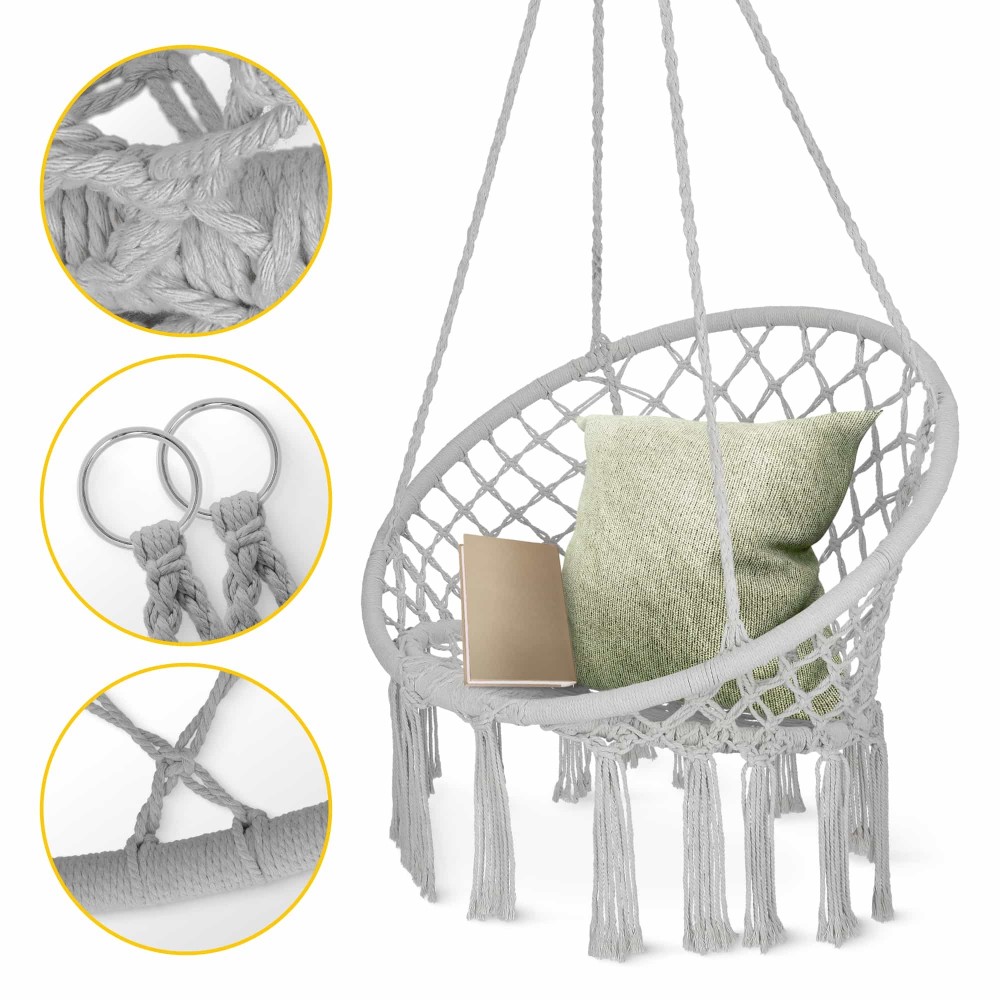 Крісло-гойдалка 4FIZJO Boho Dream 80 см підвісна, плетена Grey (P-5905973404525)