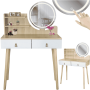 Туалетний столик Jumi Scandi на 2 шухляди з дзеркалом (шкіряні ручки) та LED підсвіткою світлий бук