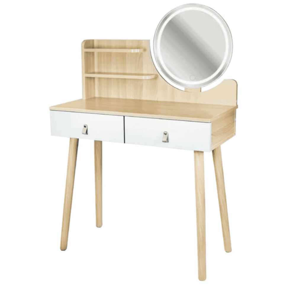 Туалетний столик Jumi Scandi на 2 шухляди з дзеркалом (шкіряні ручки) та LED підсвіткою світлий бук
