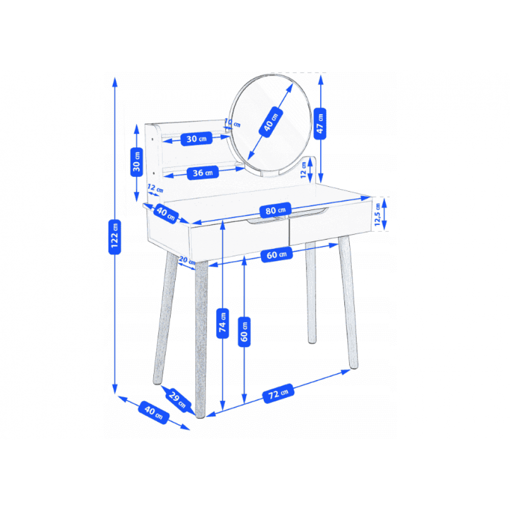 Туалетний столик Jumi Scandi на 2 шухляди з дзеркалом (шкіряні ручки) та LED підсвіткою світлий бук