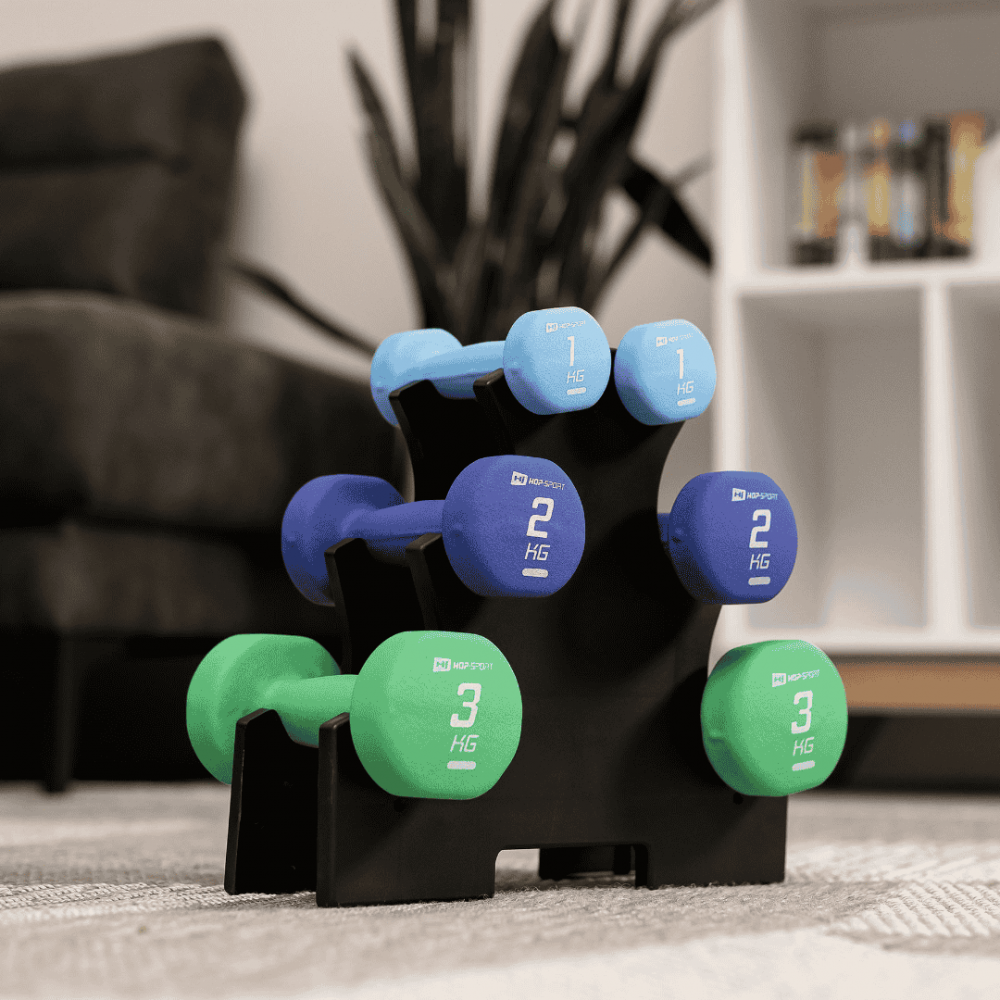 Набір круглих фітнес гантелей HS-V121DRS з підставкою 12 кг