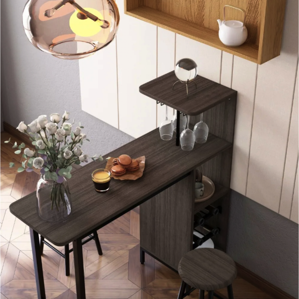 Барный стол со стульями Costway Bistro с держателем для бокалов, коричневый