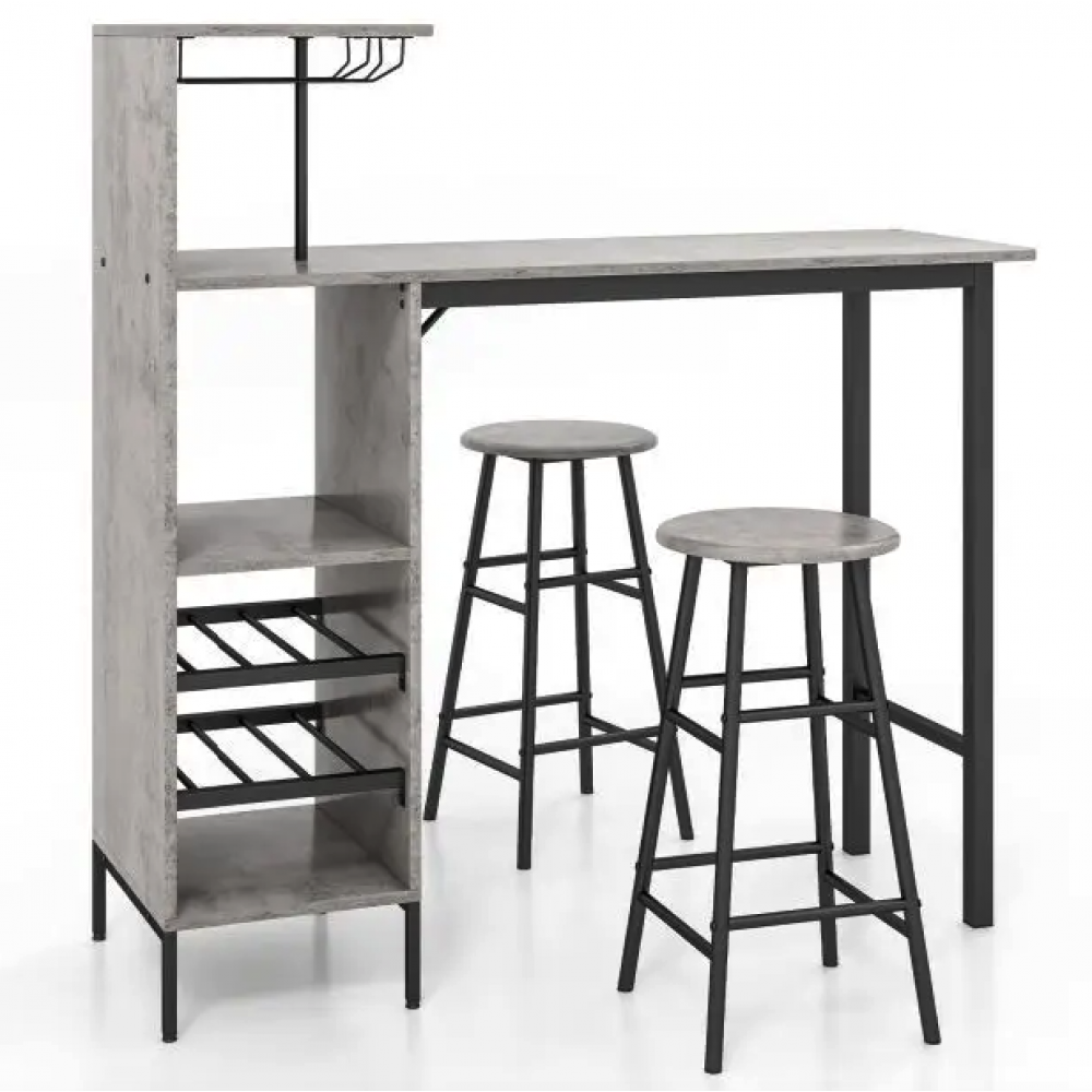 Барный стол со стульями Costway Bistro с держателем для бокалов, серый