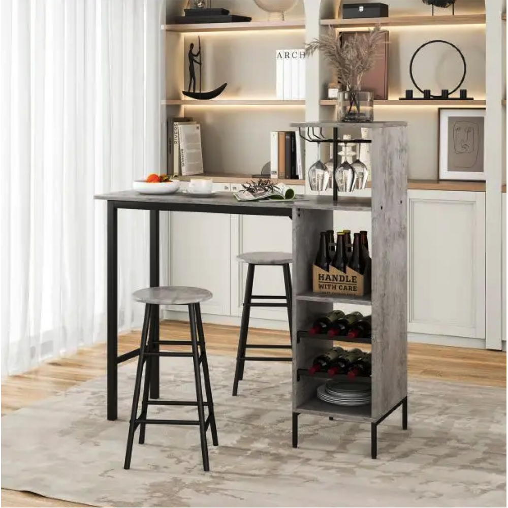 Барный стол со стульями Costway Bistro с держателем для бокалов, серый