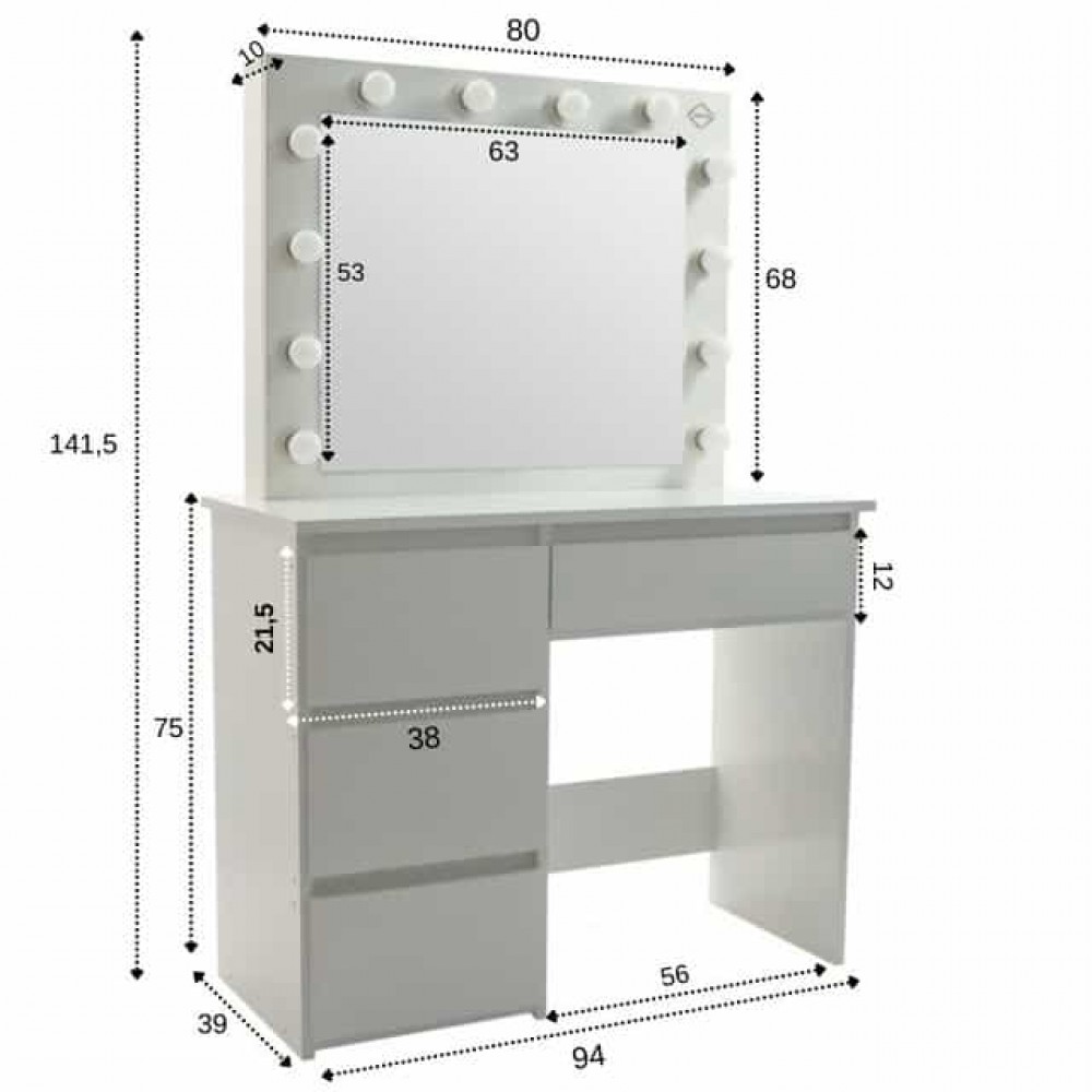 Туалетний столик Bonro B071 з підсвіткою, розеткою та USB, білий
