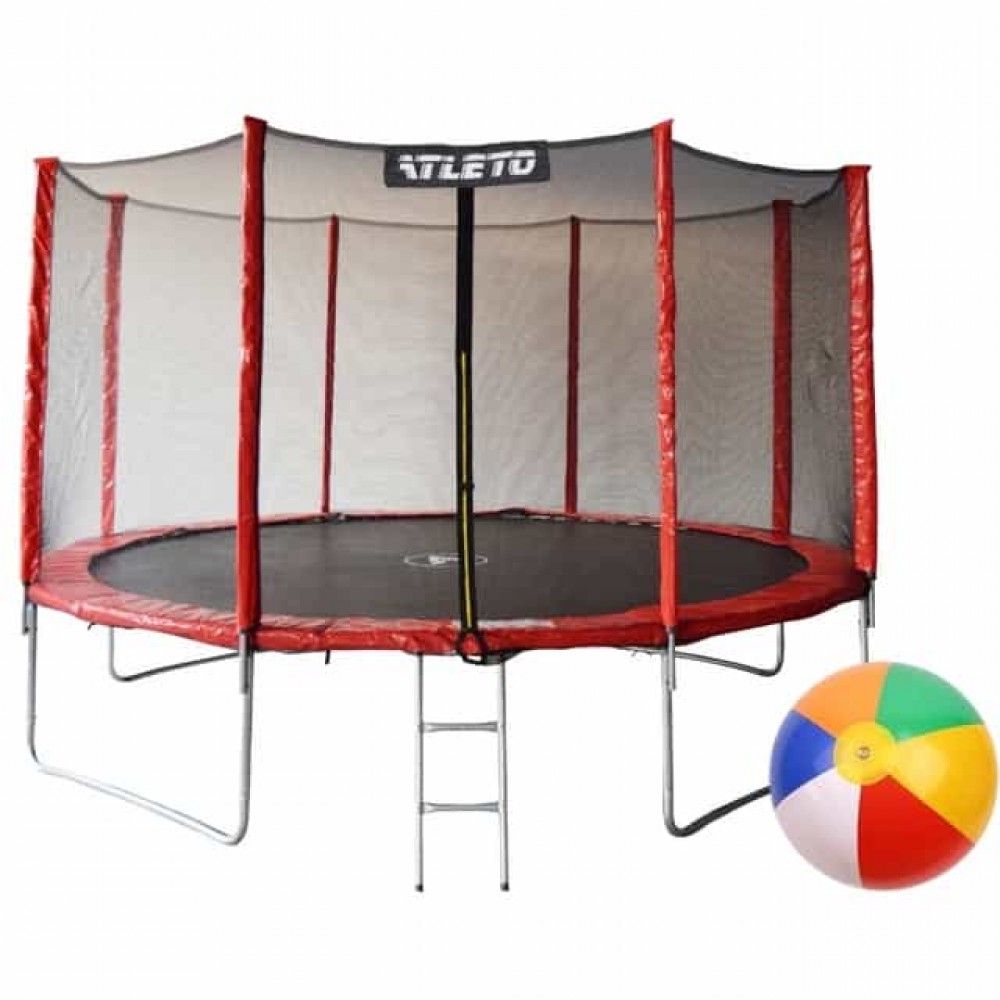 Батут Atleto 404 см с сеткой и лестницей, красный