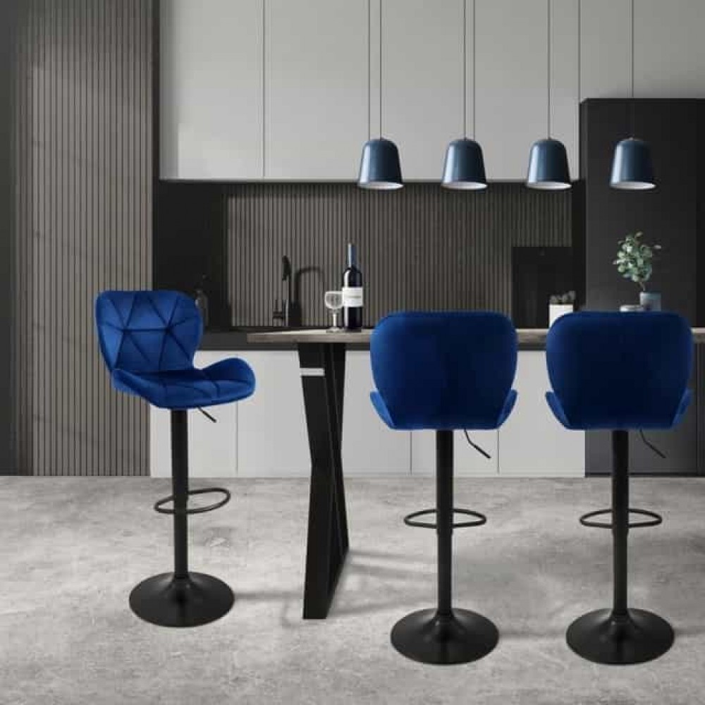 Барный стул со спинкой Bonro B-087 велюр синий с черным основанием