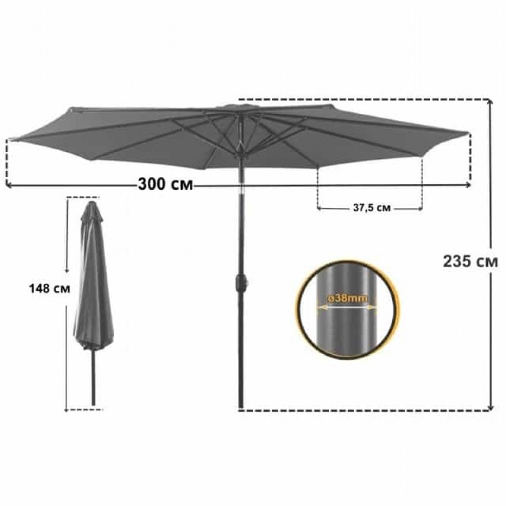 Парасоля садова регульована Bonro B-016 з нахилом, сіра, 3 м, 8 спиць