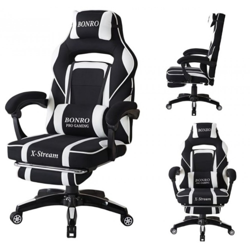 Крісло геймерське Bonro B-141 чорно-біле з підставкою для ніг
