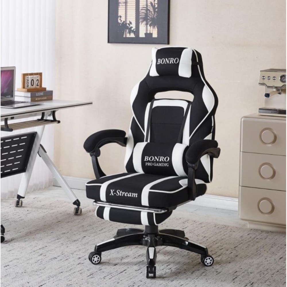 Крісло геймерське Bonro B-141 чорно-біле з підставкою для ніг