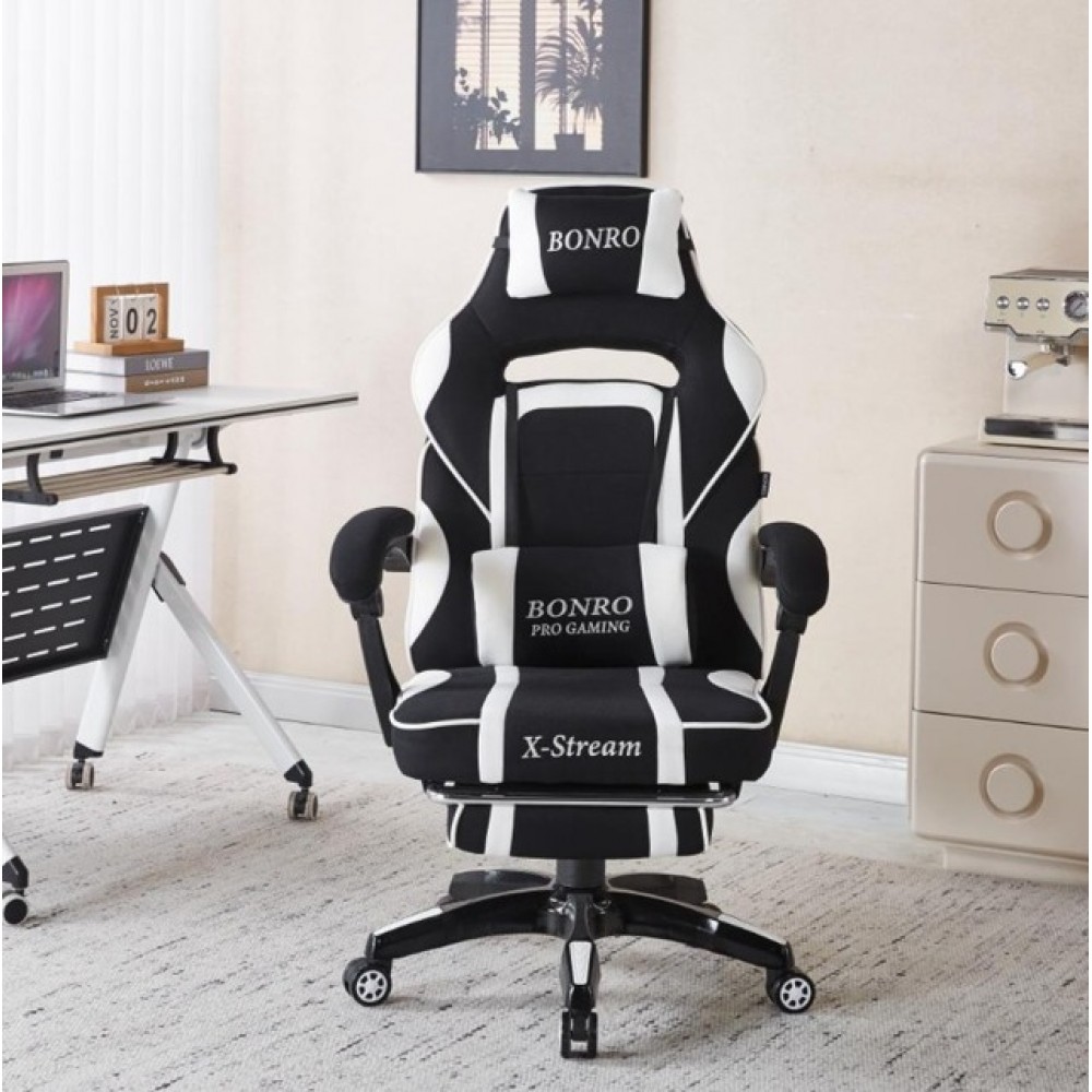 Крісло геймерське Bonro B-141 чорно-біле з підставкою для ніг