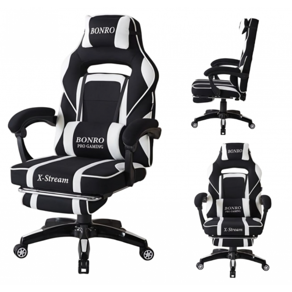 Крісло геймерське Bonro B-141 чорно-біле з підставкою для ніг