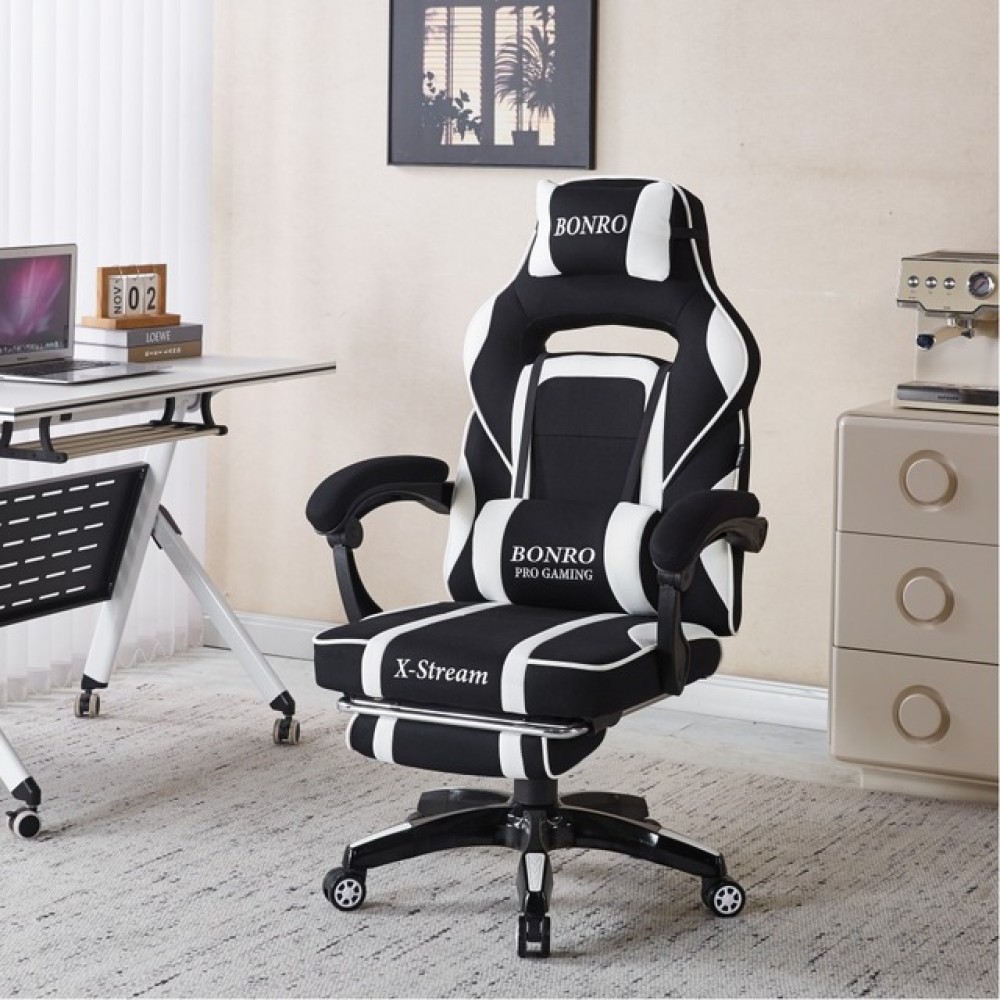 Крісло геймерське Bonro B-141 чорно-біле з підставкою для ніг