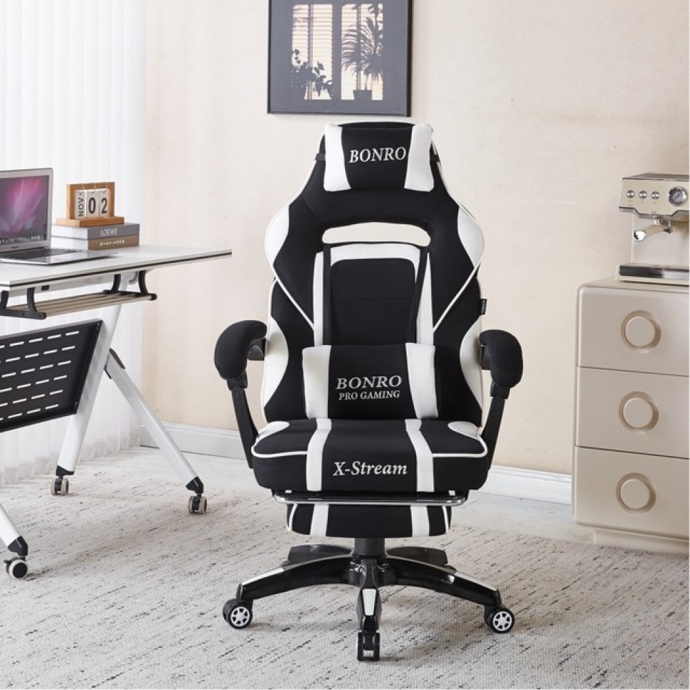 Крісло геймерське Bonro B-141 чорно-біле з підставкою для ніг