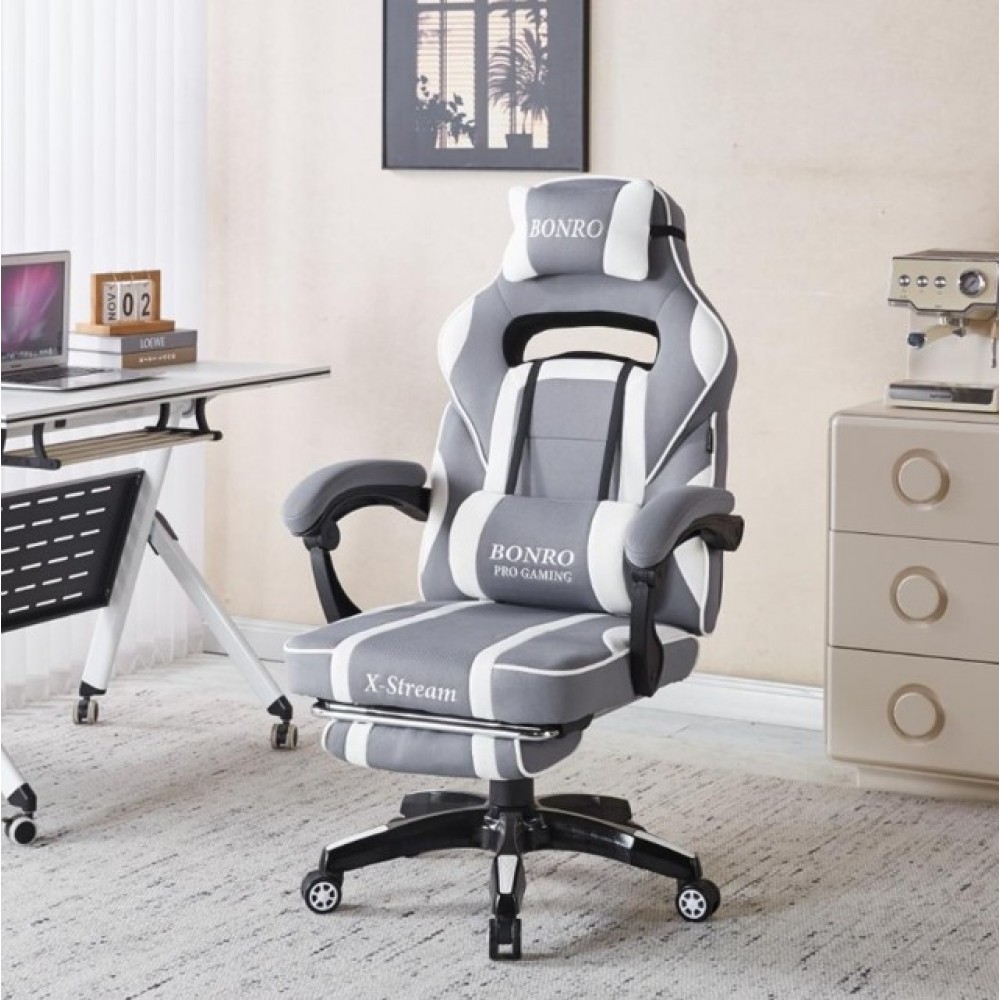 Крісло геймерське Bonro B-141 біло-сіре з підставкою для ніг