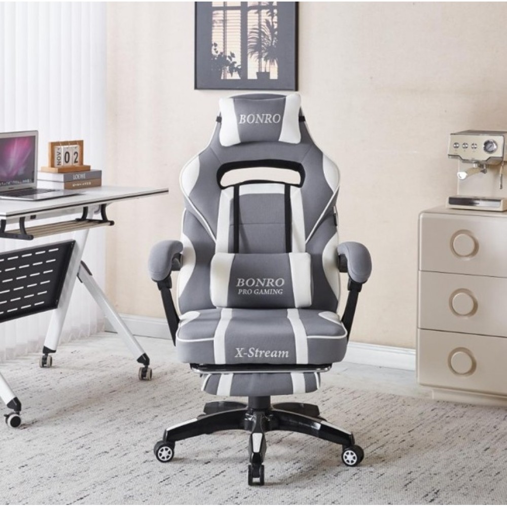 Крісло геймерське Bonro B-141 біло-сіре з підставкою для ніг