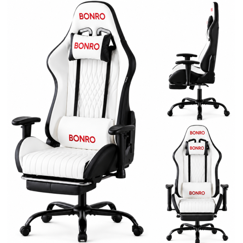 Геймерське крісло Bonro 1002G-1 з підставкою для ніг, біле