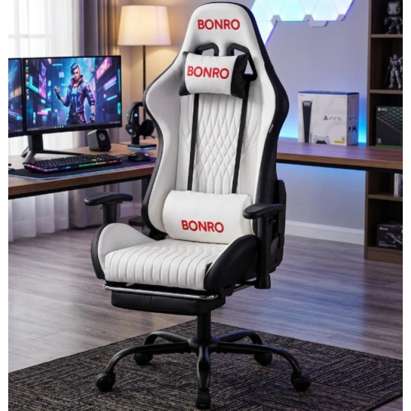 Геймерське крісло Bonro 1002G-1 з підставкою для ніг, біле