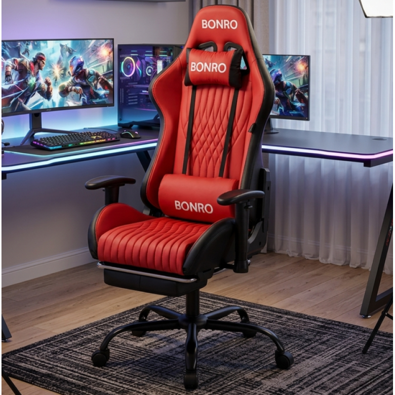 Геймерське крісло Bonro 1002G-1 з підставкою для ніг, червоне