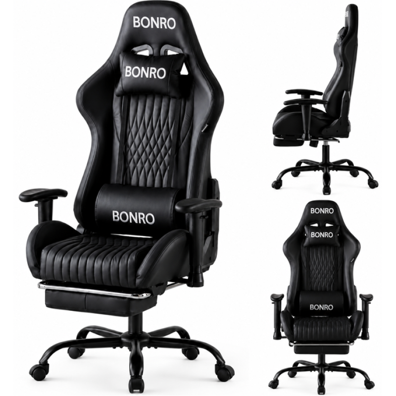 Геймерське крісло Bonro 1002G-1 з підставкою для ніг, чорне
