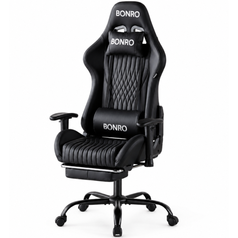 Геймерське крісло Bonro 1002G-1 з підставкою для ніг, чорне