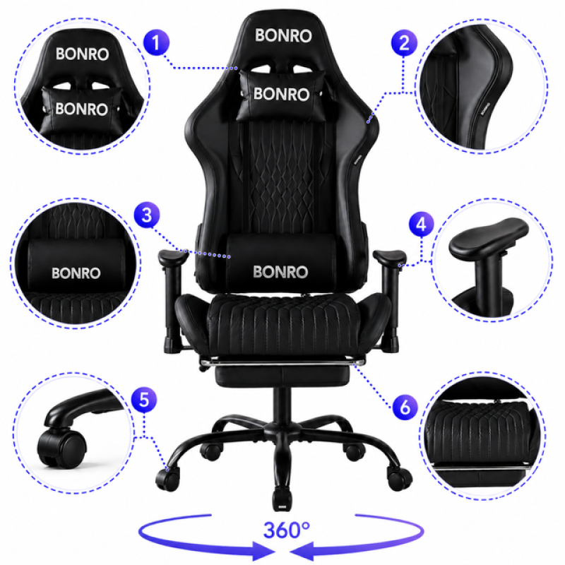 Геймерське крісло Bonro 1002G-1 з підставкою для ніг, чорне