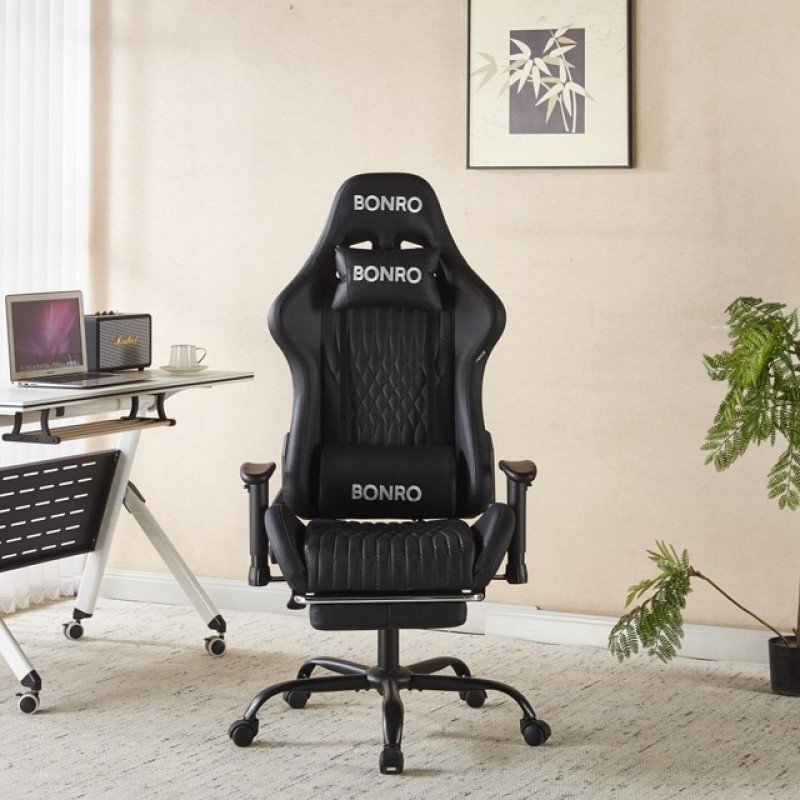 Геймерське крісло Bonro 1002G-1 з підставкою для ніг, чорне