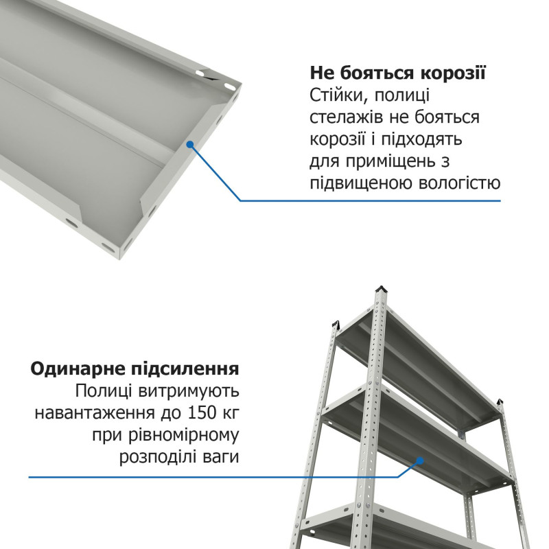Стелаж Атлант КС 2000х1000х300 Меткас, 150 кг/полицю, 5 полиць, фарбований, металевий