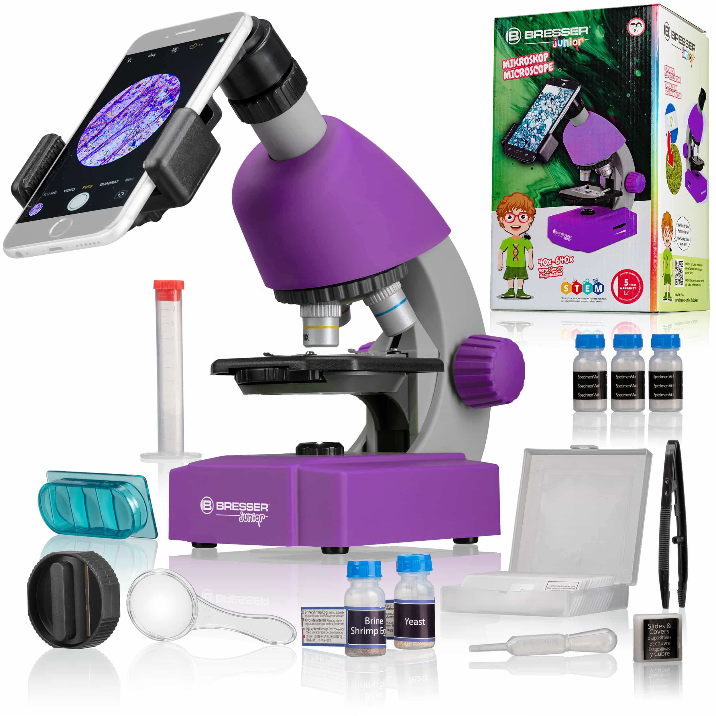 Мікроскоп Bresser Junior 40x-640x Purple з набором для дослідів і адаптером для смартфона (8851300GSF000), 923893