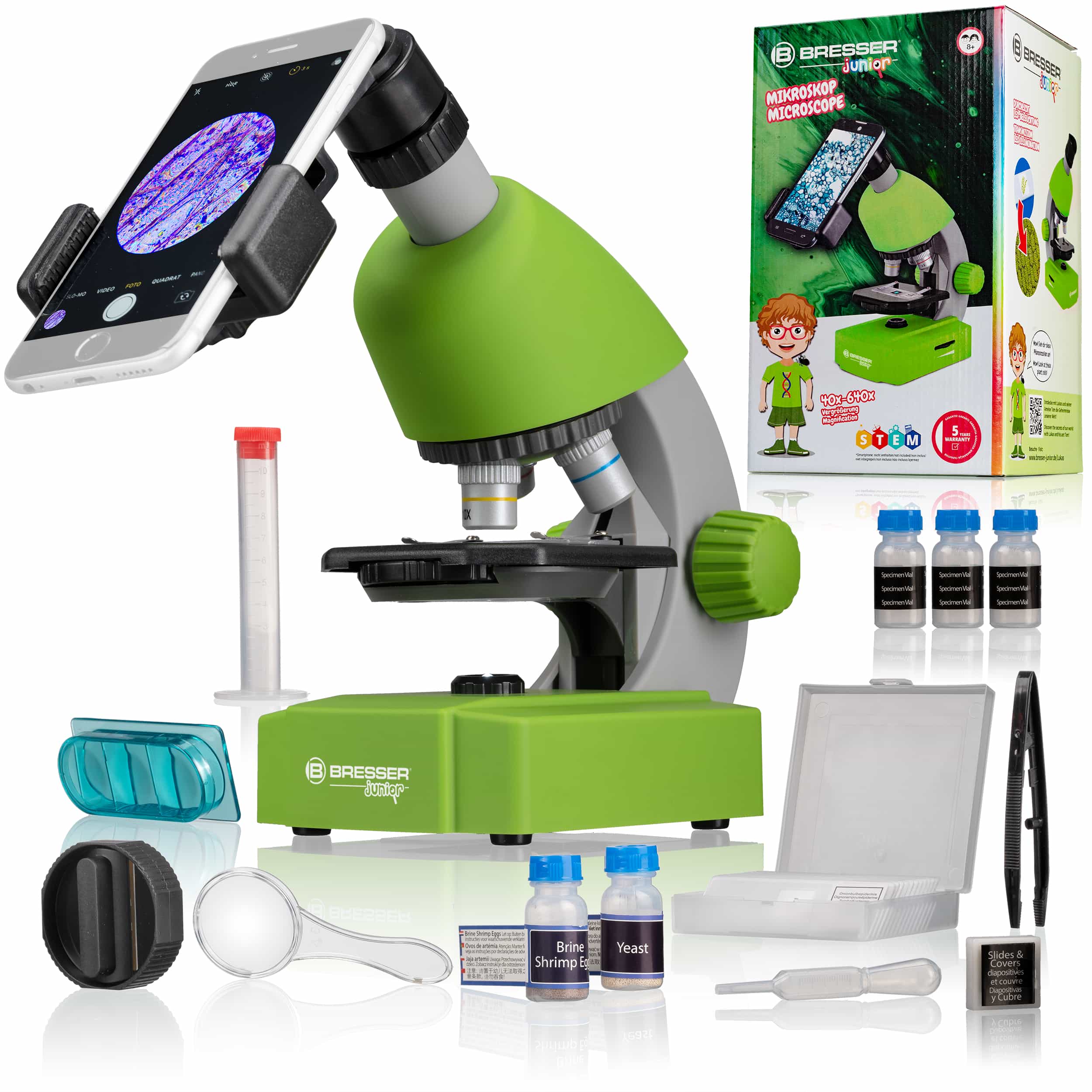Мікроскоп Bresser Junior 40x-640x Green з набором для дослідів і адаптером для смартфона (8851300B4K000), 923040